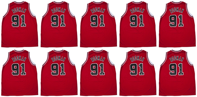Lot of (10) Dennis Rodman Autographed Chicago Bulls Red Jerseys (PSA/DNA)
